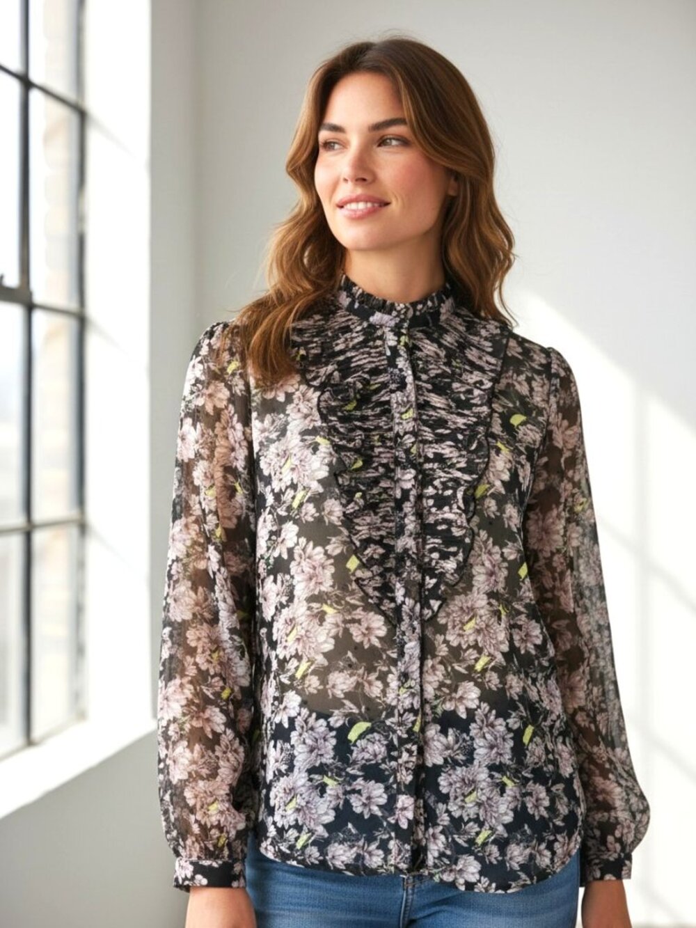 H&M Button Down Floral Sheer Blouse with Ruffle Front